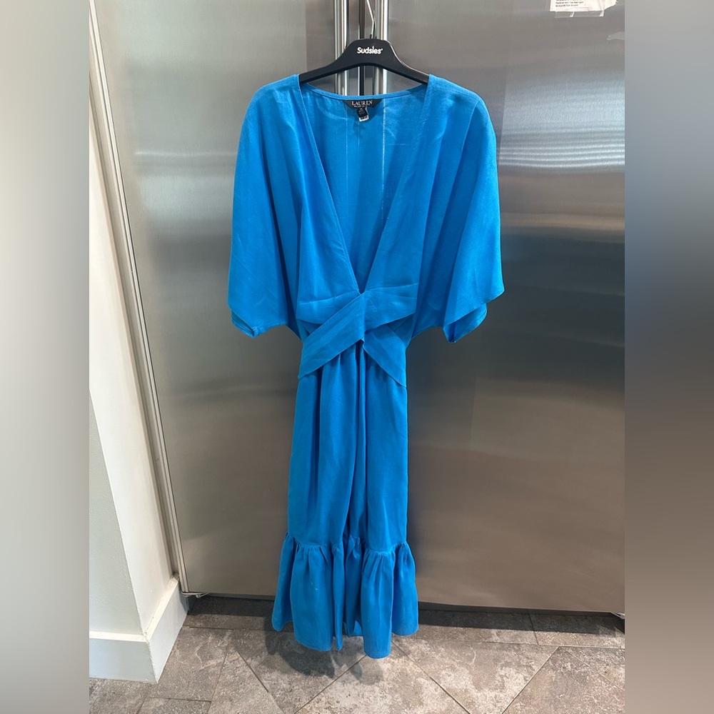 Ralph Lauren Blue Linen Ruffled Tie Front Maxi Dress